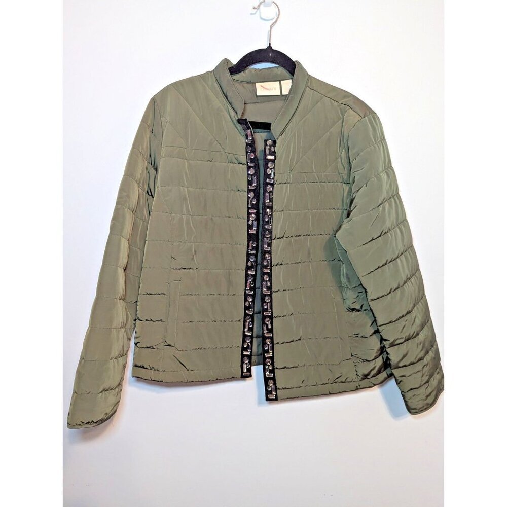 Chicos Womens Size Large Green Quilted Jeweled Puffer Jacket Open Front Pockets